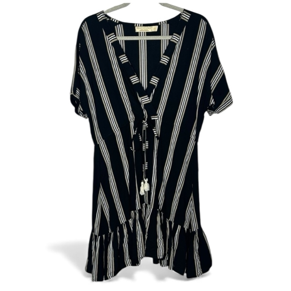 BEACHGOLD Striped V-Neck Ruffle Hem Mini Dress